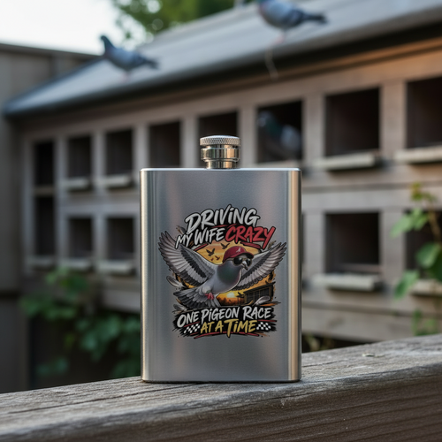 Driving My Wife Crazy – One Pigeon Race at a Time – 8oz Racing Pigeon Hip Flask