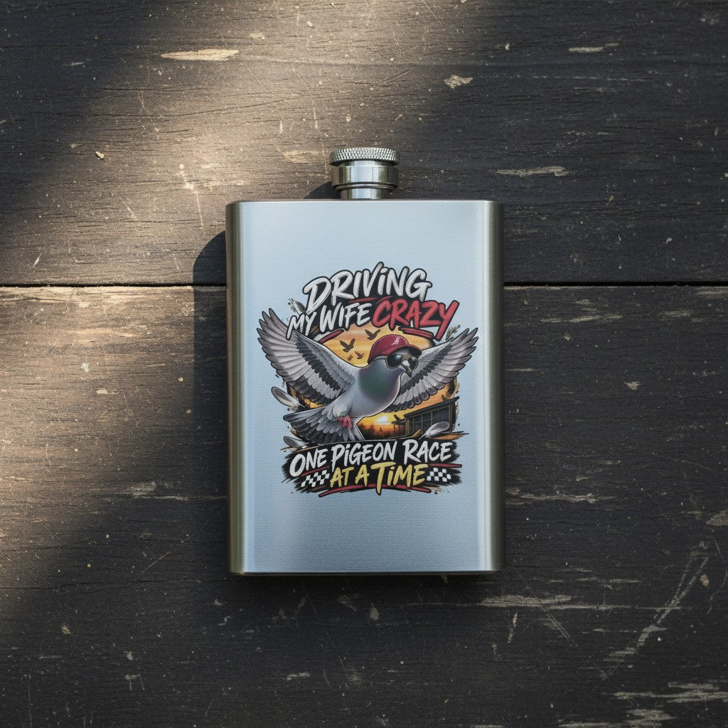 Driving My Wife Crazy – One Pigeon Race at a Time – 8oz Racing Pigeon Hip Flask