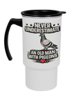 Never Underestimate an Old Man with Pigeons 18oz travel mug by Bird Folk