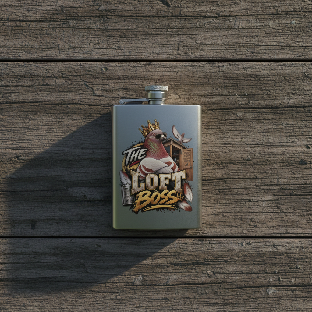 The Loft Boss – Red Bar – 8oz Racing Pigeon Hip Flask