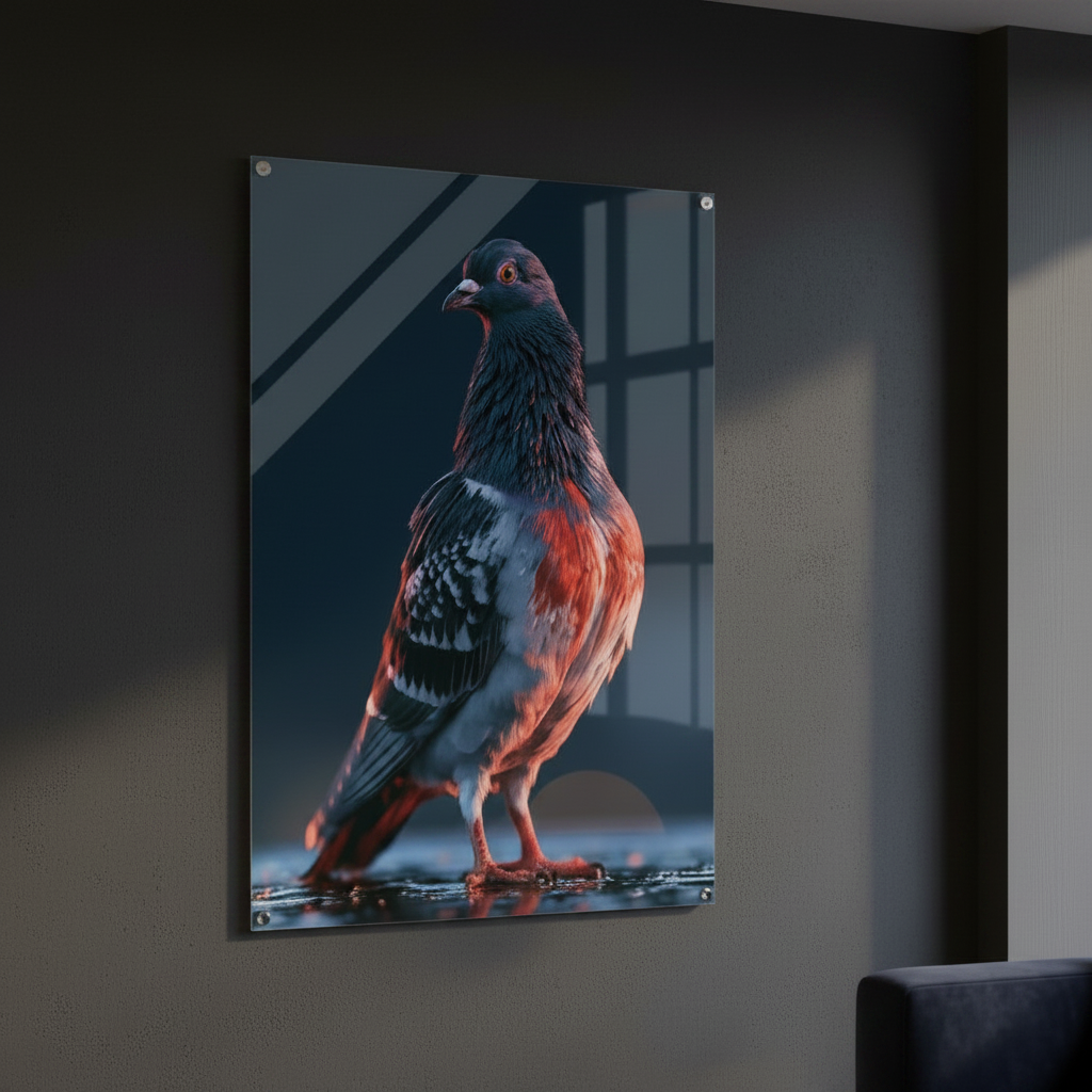 My Store After Dark pigeon acrylic print featuring a bird in moody lighting mounted on a dark grey wall
