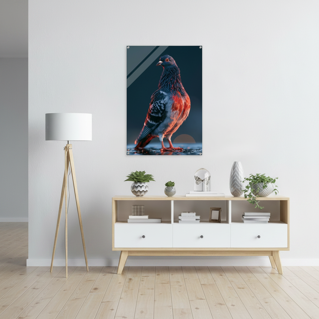My Store After Dark Pigeon acrylic print hanging on a white wall above a modern wooden sideboard with decor
