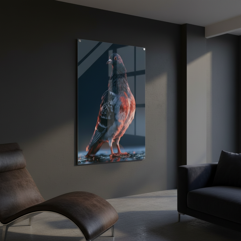 My Store After Dark Pigeon acrylic print hanging on a dark grey wall in a modern living room with a lounge chair.