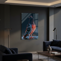 My Store After Dark Pigeon Art 01 acrylic print featuring a vibrant bird on a dark wall in a modern living room