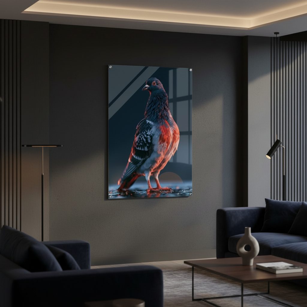 My Store After Dark Pigeon Art 01 acrylic print featuring a vibrant bird on a dark wall in a modern living room