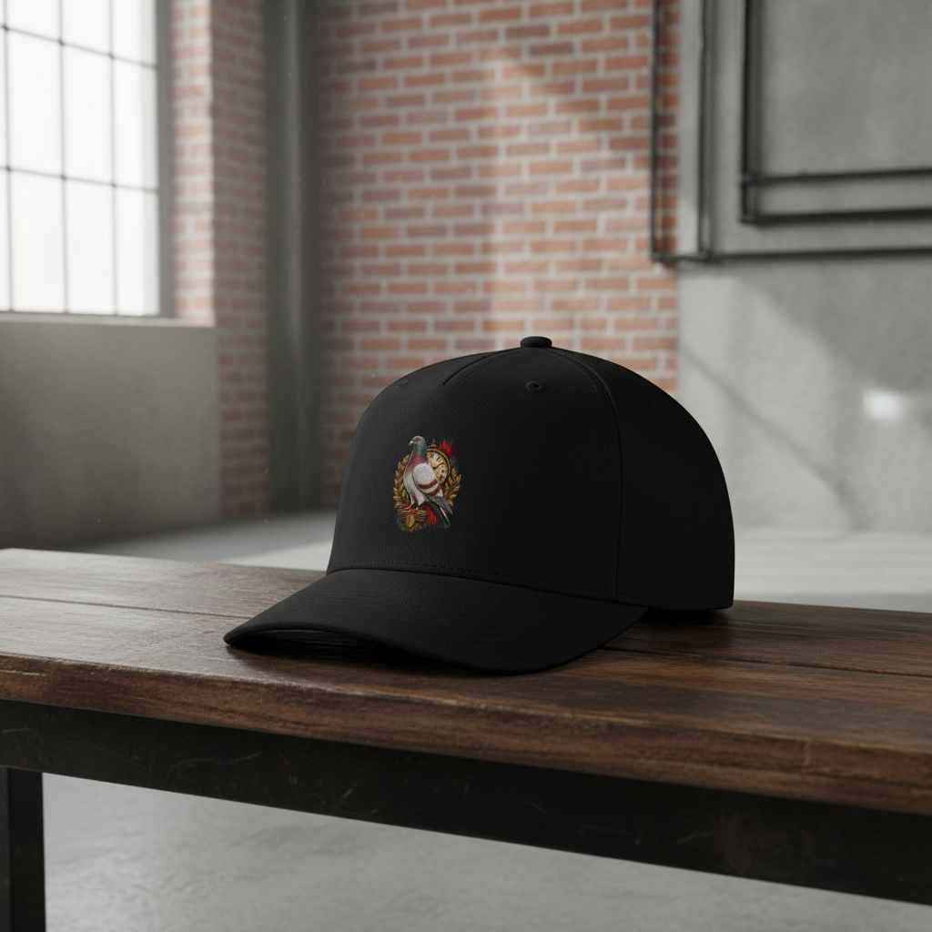 My Store black 5-panel cap featuring a detailed red bar pigeon graphic on a wooden bench in a loft setting
