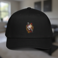 My Store Red Bar Pigeon Heritage 2 black 5-panel cap featuring a detailed racing pigeon graphic on the front.