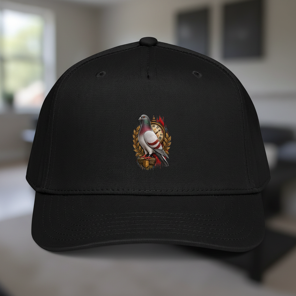 My Store Red Bar Pigeon Heritage 2 black 5-panel cap featuring a detailed racing pigeon graphic on the front.