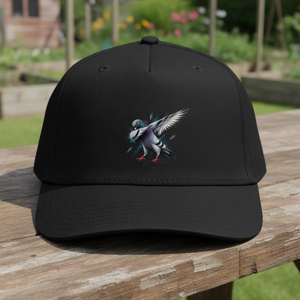 My Store 5-panel cap in black featuring a dab-painted racing pigeon illustration with expressive textured brushstrokes.