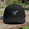 My Store 5-panel cap in black featuring a dab-painted racing pigeon illustration with expressive textured brushstrokes.