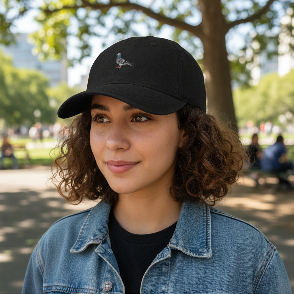 My Store blue bar racing pigeon embroidered denim cap worn by a woman in a park setting
