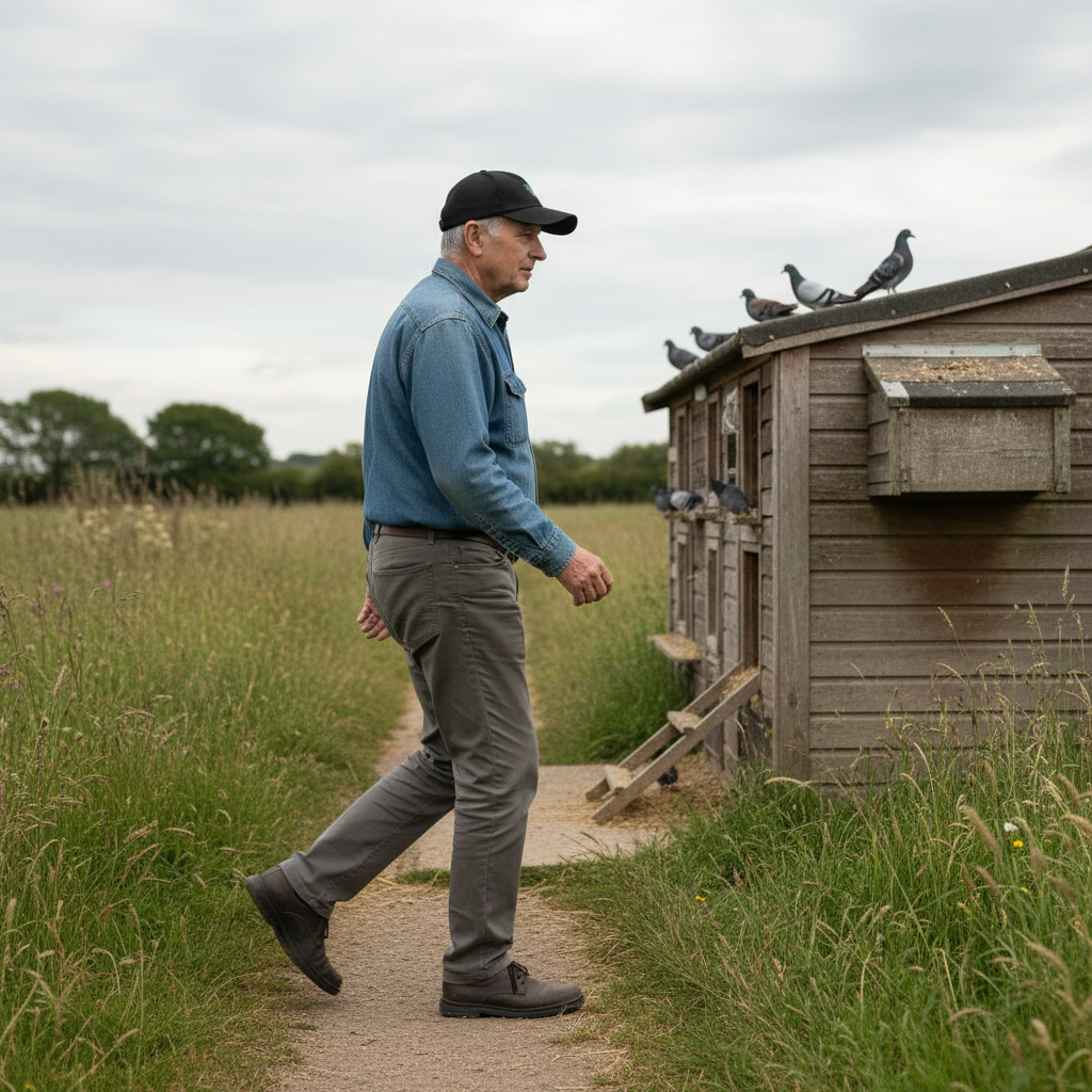 My Store Blue Bar Classic embroidered denim cap worn by a man walking past a wooden pigeon loft in a grassy field.