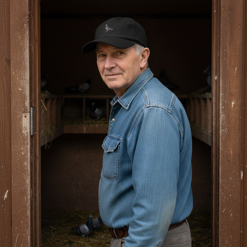 My Store blue bar racing pigeon embroidered denim cap worn by a man in a denim shirt standing in a pigeon loft