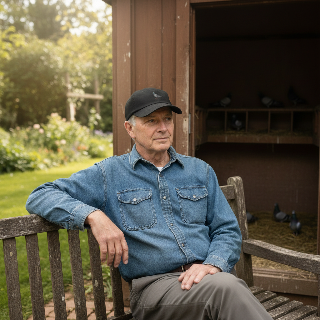 My Store blue denim cap with racing pigeon embroidery worn by a man sitting on a wooden bench in a garden