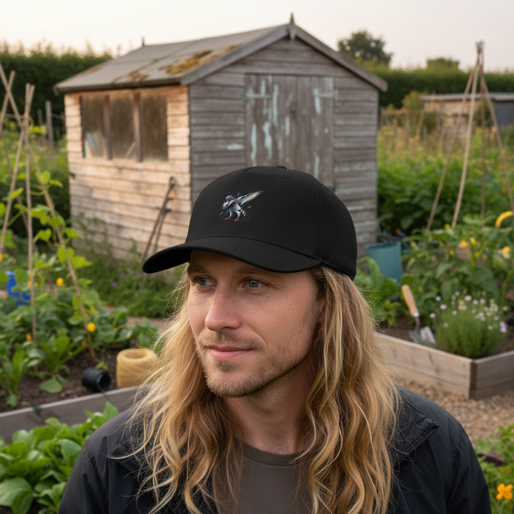 My Store Dab Racing Pigeon 5-panel cap in black worn by a man with long blonde hair in a garden setting