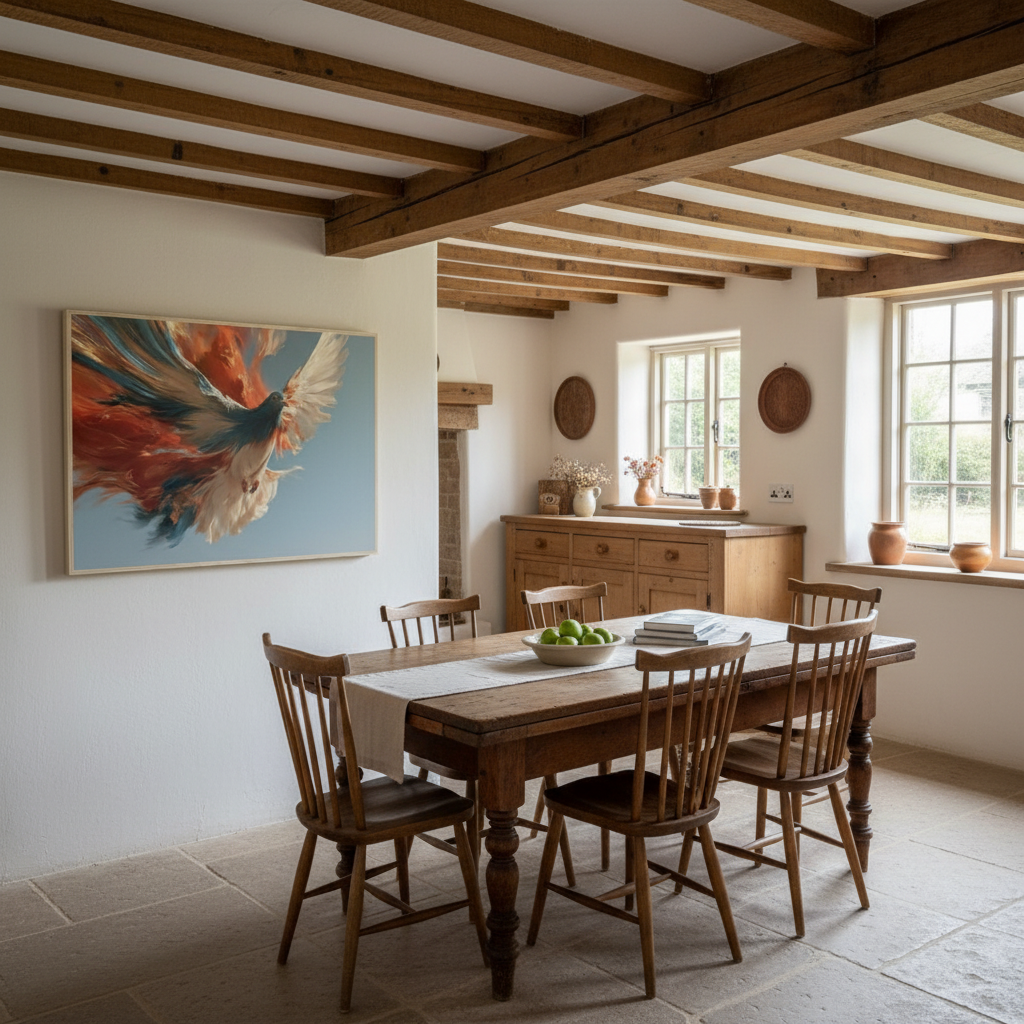 My Store Colour Burst pigeon art print in a wooden frame hanging above a rustic wooden dining table in a cottage