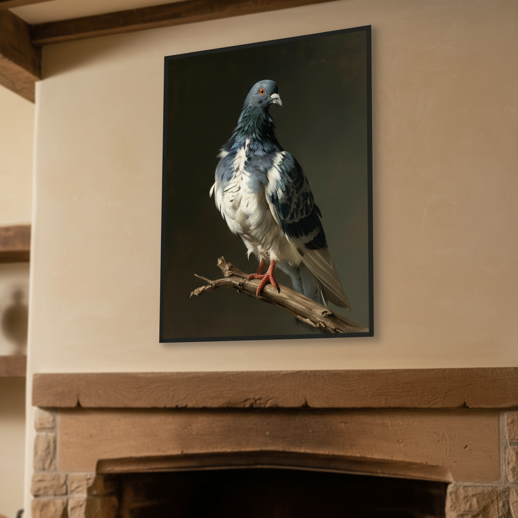 My Store framed fine art print of a pigeon perched on a branch, displayed on a beige wall above a stone fireplace.