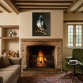 My Store framed fine art print of a pigeon perched on a branch, displayed above a cozy stone fireplace in a living room