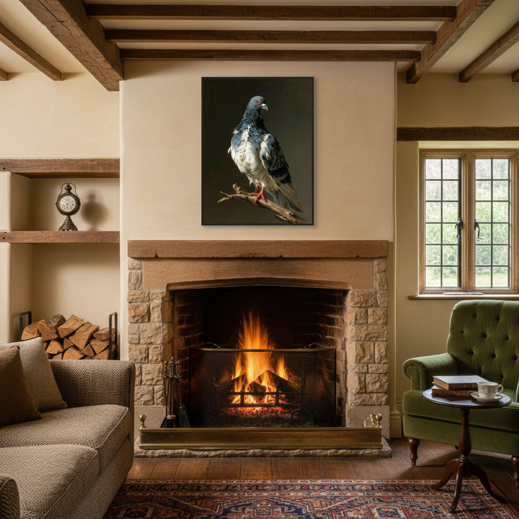 My Store framed fine art print of a pigeon perched on a branch, displayed above a cozy stone fireplace in a living room