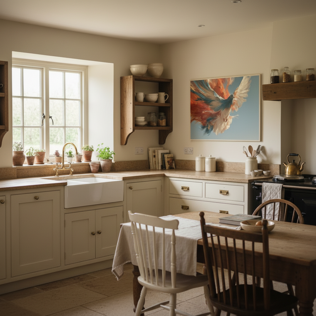 My Store Colour Burst Pigeon Breaking Through wooden framed print hanging in a rustic farmhouse kitchen