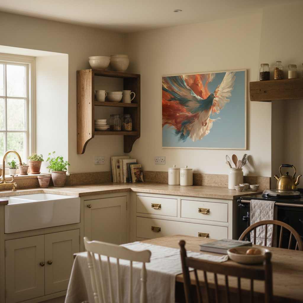 My Store Colour Burst pigeon art print in a wooden frame hanging on a kitchen wall above a rustic wooden table.