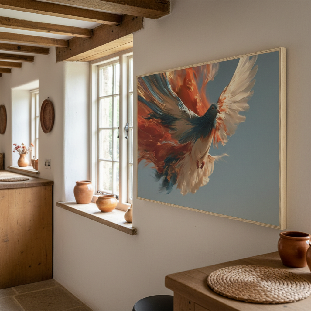 My Store Colour Burst Pigeon Breaking Through art print in a light wooden frame hanging on a white wall
