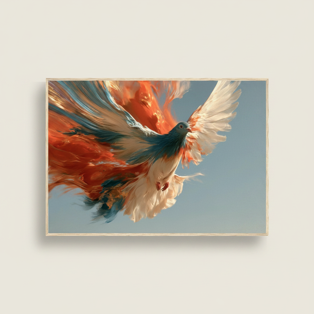 My Store Colour Burst pigeon art print featuring abstract orange and blue feathers in a light wooden frame.