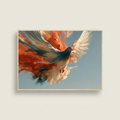My Store Colour Burst pigeon art print featuring abstract orange and blue feathers in a light wooden frame.