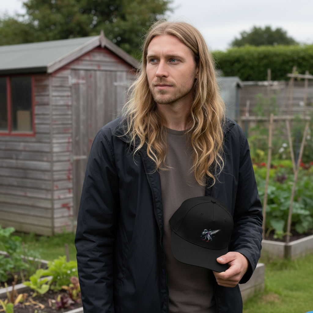 My Store 5-panel cap featuring a dab-painted racing pigeon design, held by a man in a garden setting.