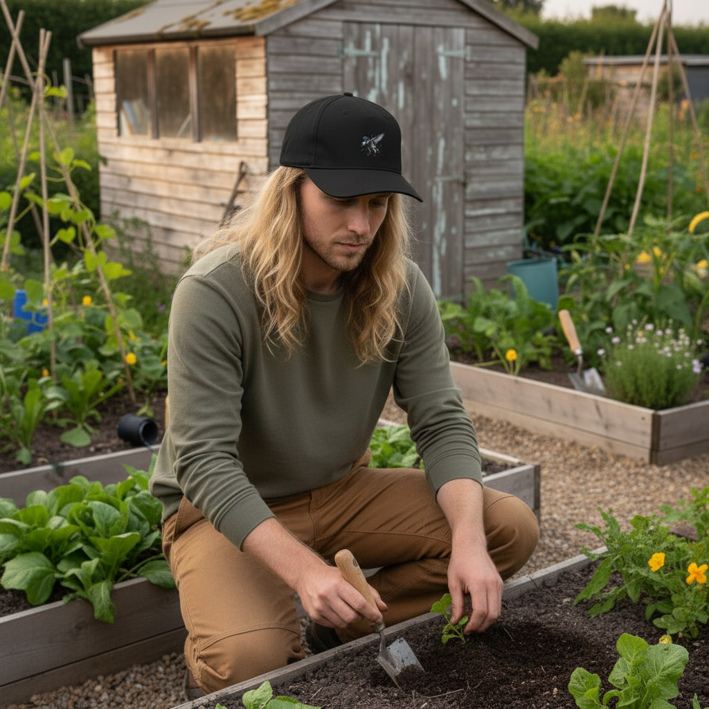My Store 5-panel cap in black featuring a dab-painted racing pigeon design worn by a man gardening in a vegetable patch