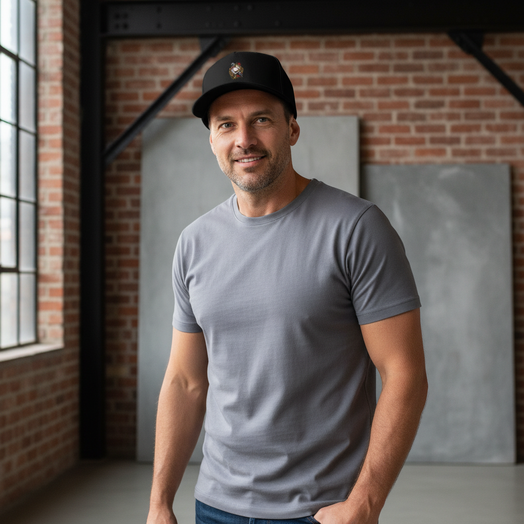 A man wearing a My Store black 5-panel cap featuring a detailed red bar racing pigeon print in a modern studio.