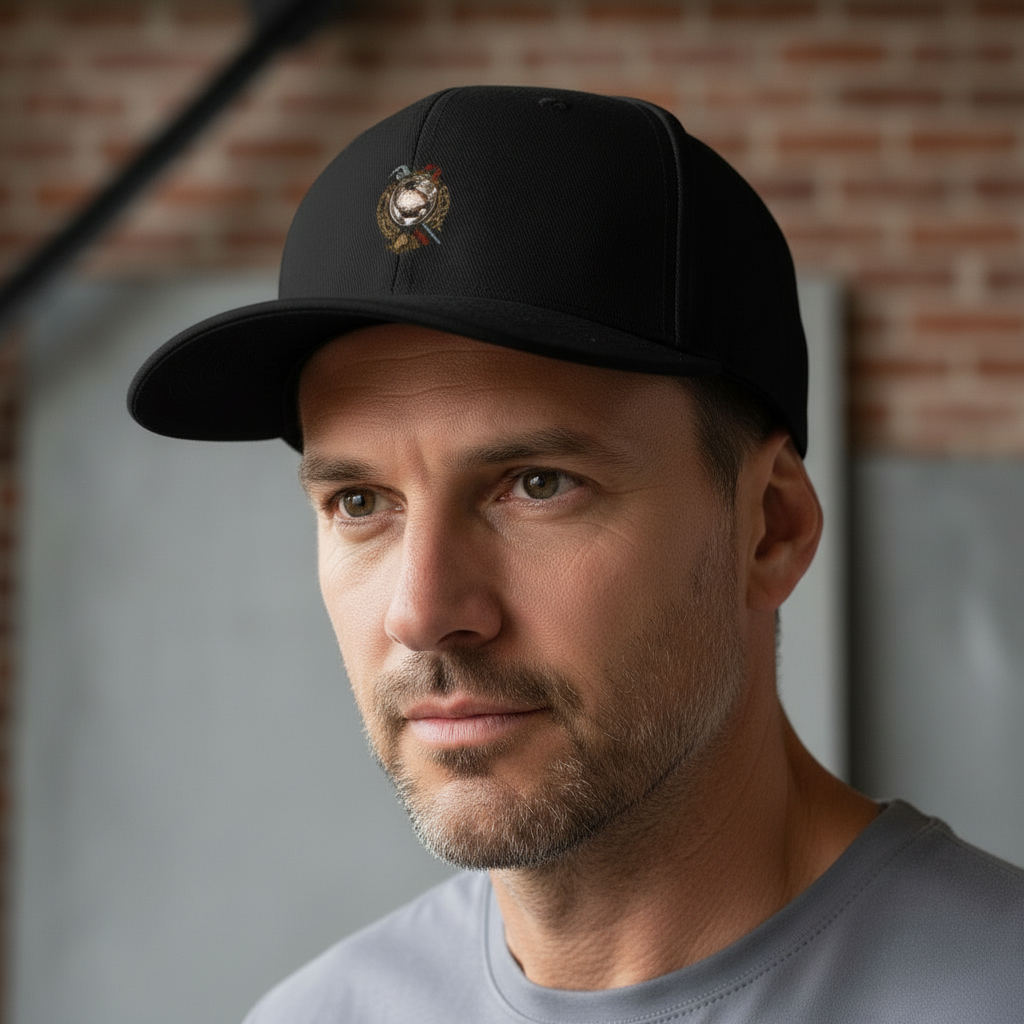 My Store Red Bar Pigeon Heritage 2 5-panel cap in black worn by a man with a grey t-shirt against a brick background.