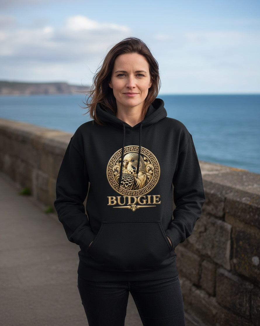 Luxury Gold Budgie Emblem Hoodie – Ornate Front Print