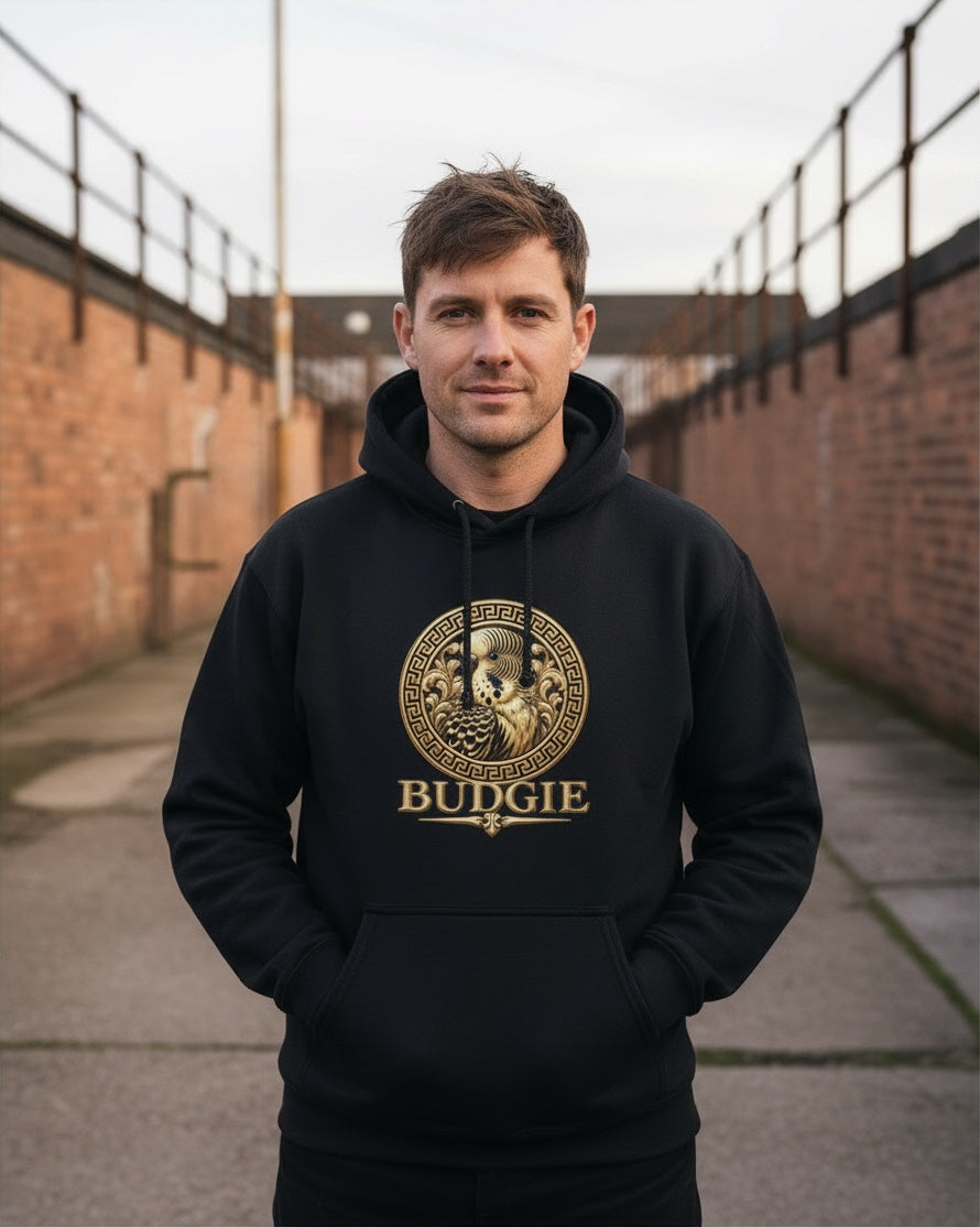 Luxury Gold Budgie Emblem Hoodie – Ornate Front Print