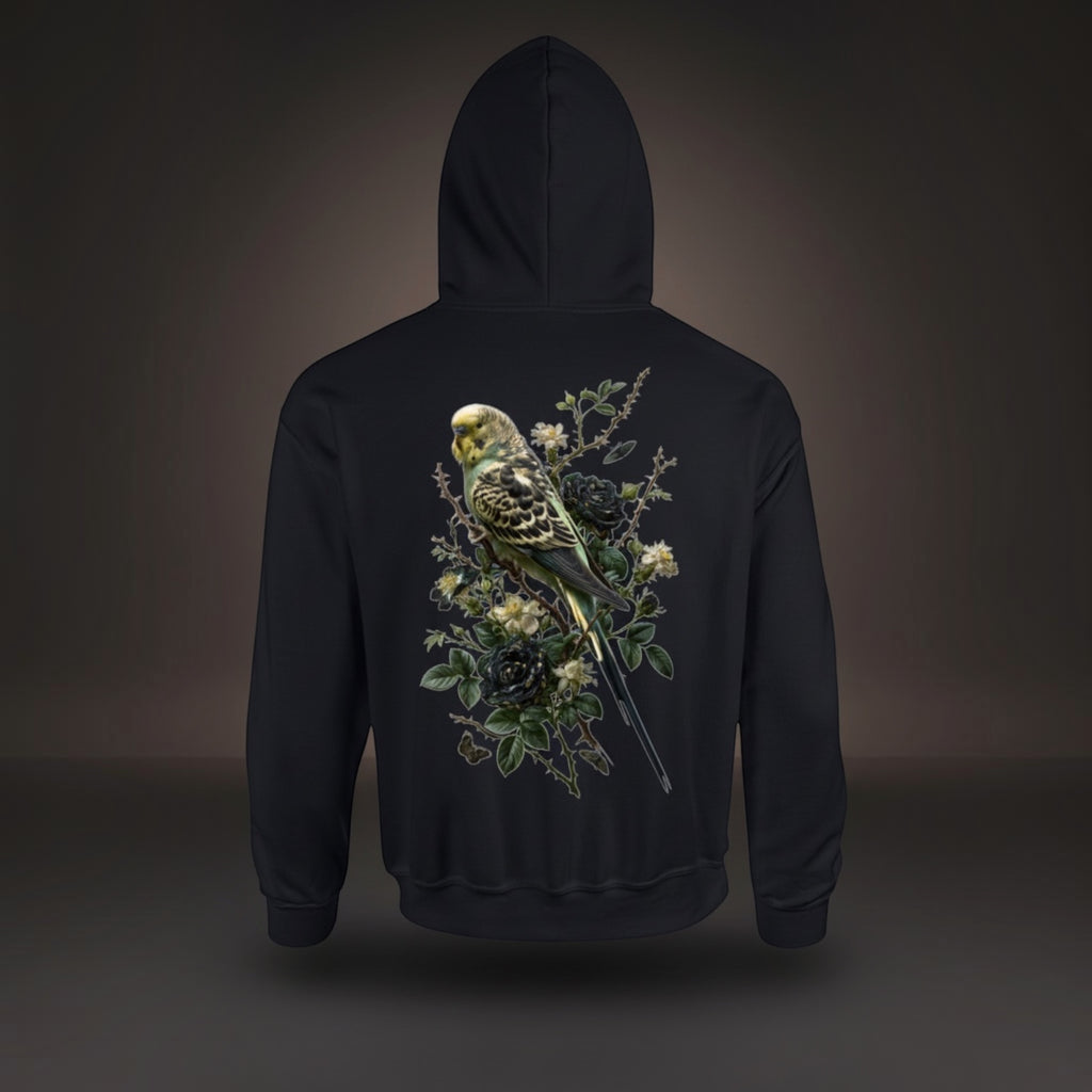 Dark Botanical Budgie Hoodie – Premium Back Print