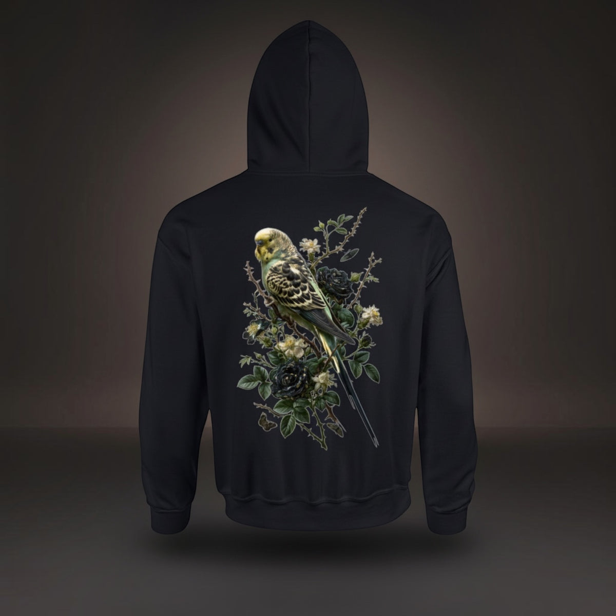 Dark Botanical Budgie Hoodie – Premium Back Print