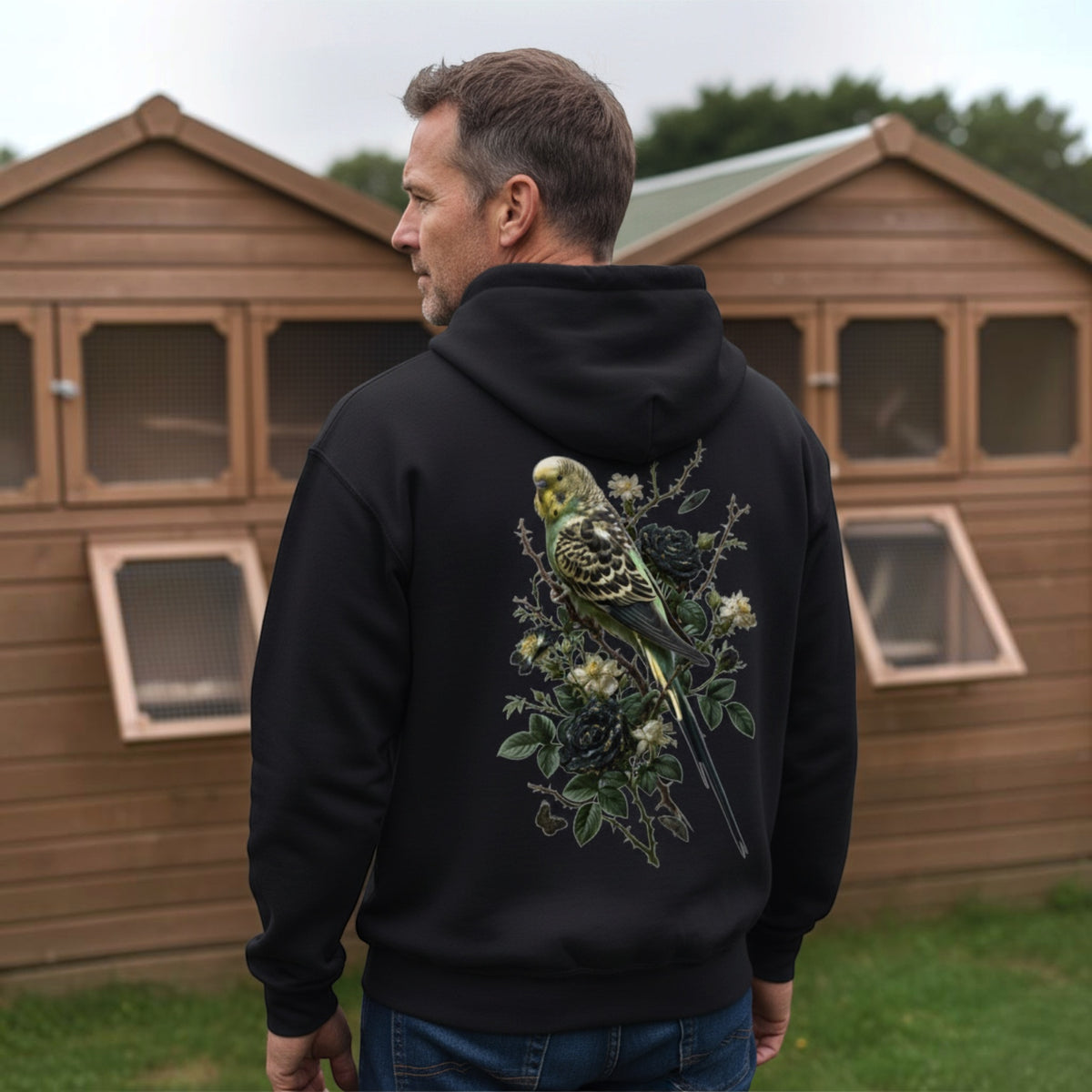 Dark Botanical Budgie Hoodie – Premium Back Print