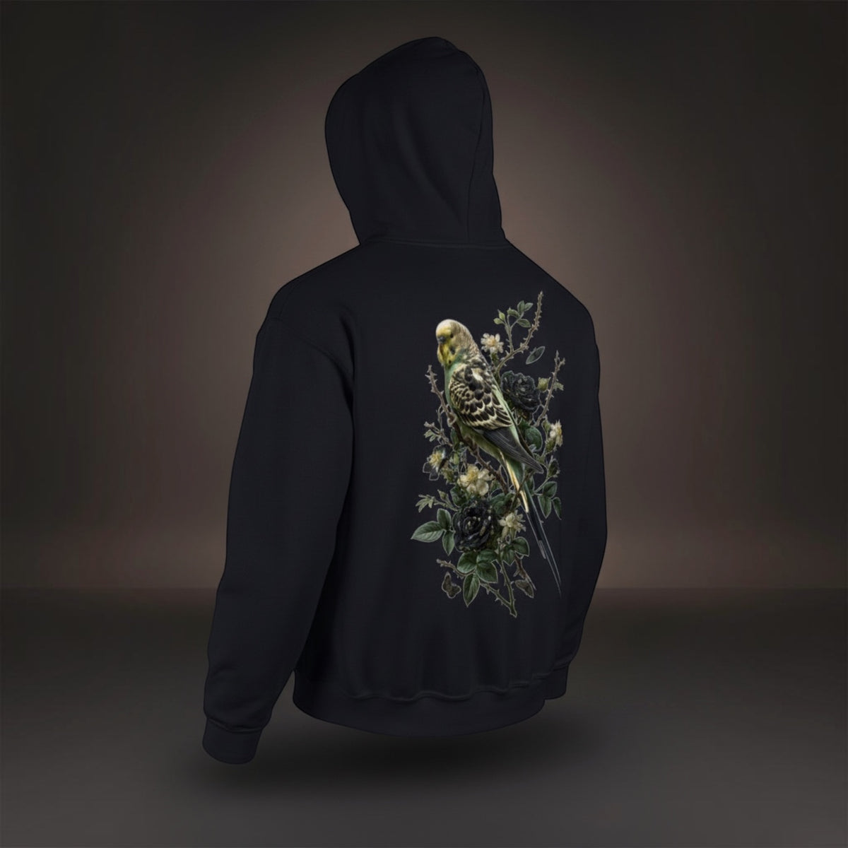 Dark Botanical Budgie Hoodie – Premium Back Print
