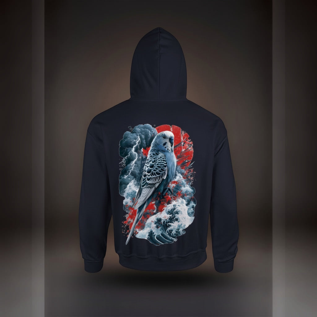 Storm Wave Budgie Hoodie – Japanese-Inspired Back Print
