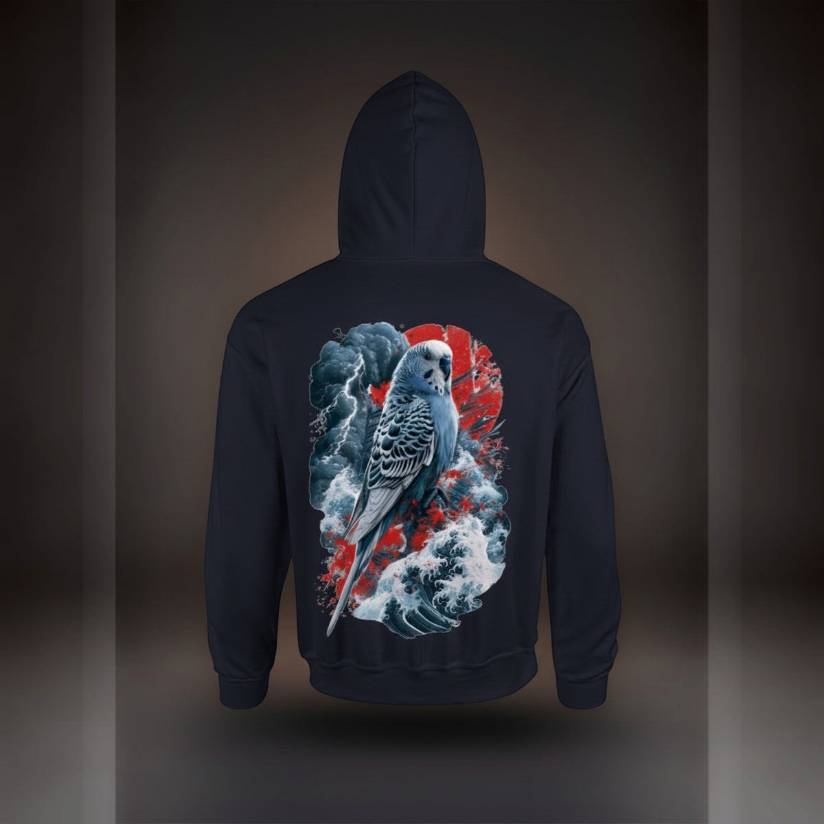 Storm Wave Budgie Hoodie – Japanese-Inspired Back Print
