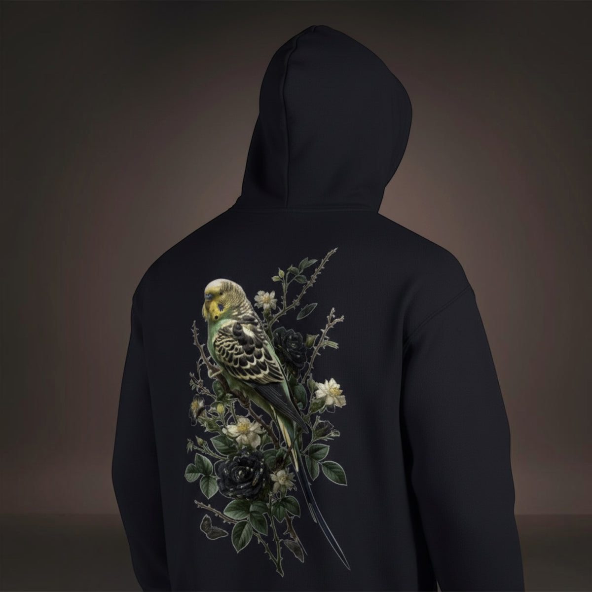 Dark Botanical Budgie Hoodie – Premium Back Print
