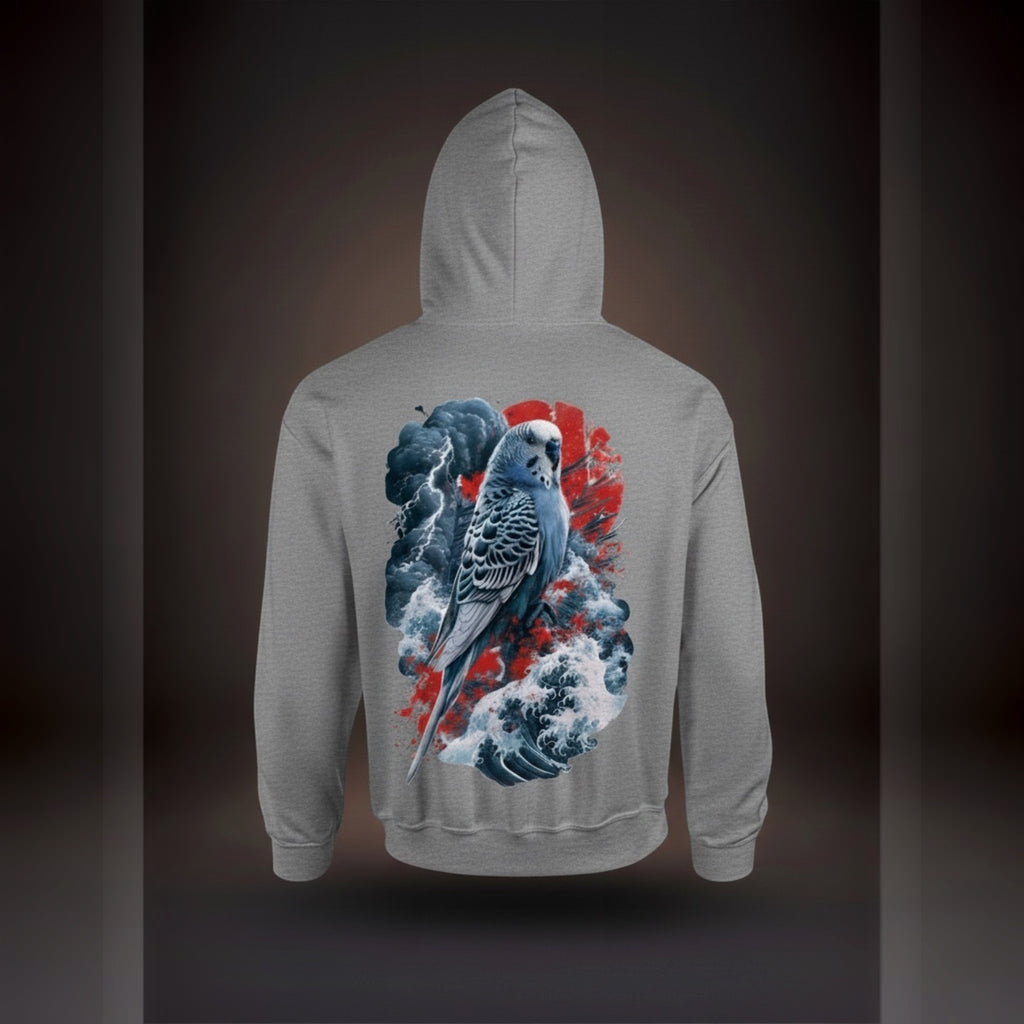 Storm Wave Budgie Hoodie – Japanese-Inspired Back Print
