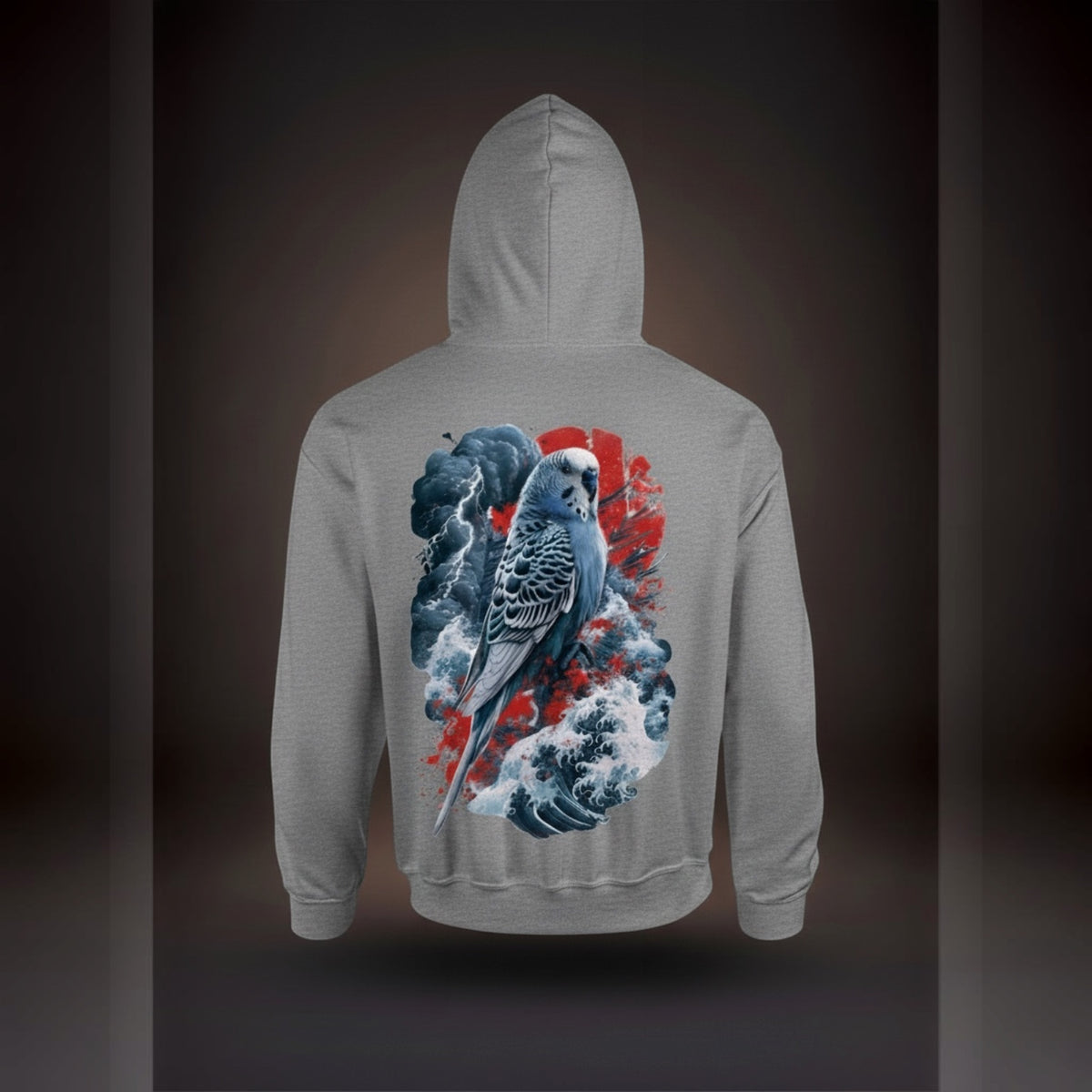 Storm Wave Budgie Hoodie – Japanese-Inspired Back Print