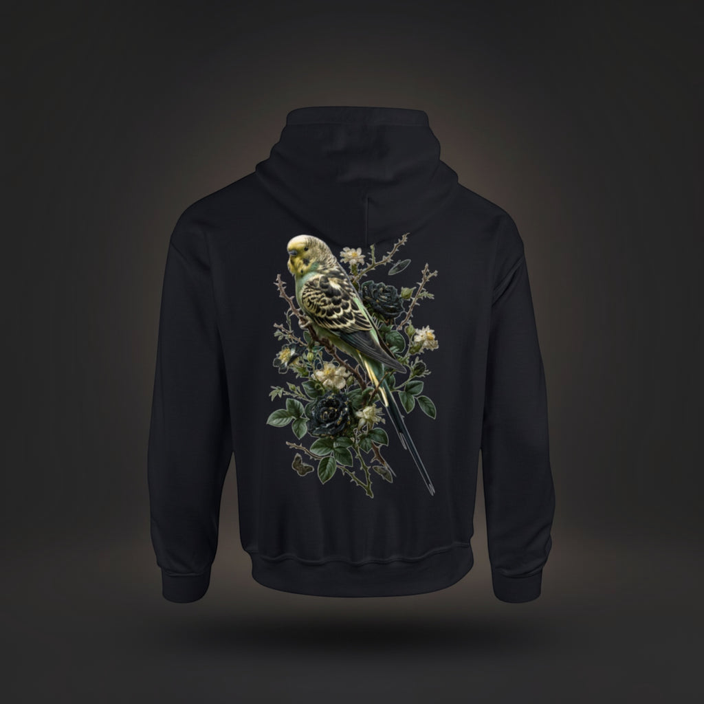 Dark Botanical Budgie Hoodie – Premium Back Print