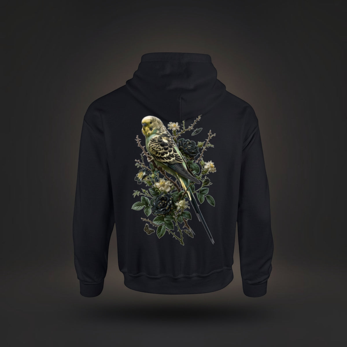 Dark Botanical Budgie Hoodie – Premium Back Print