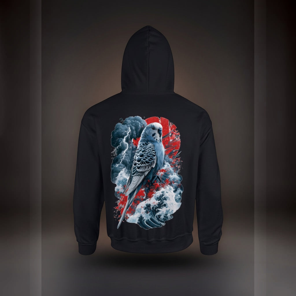 Storm Wave Budgie Hoodie – Japanese-Inspired Back Print