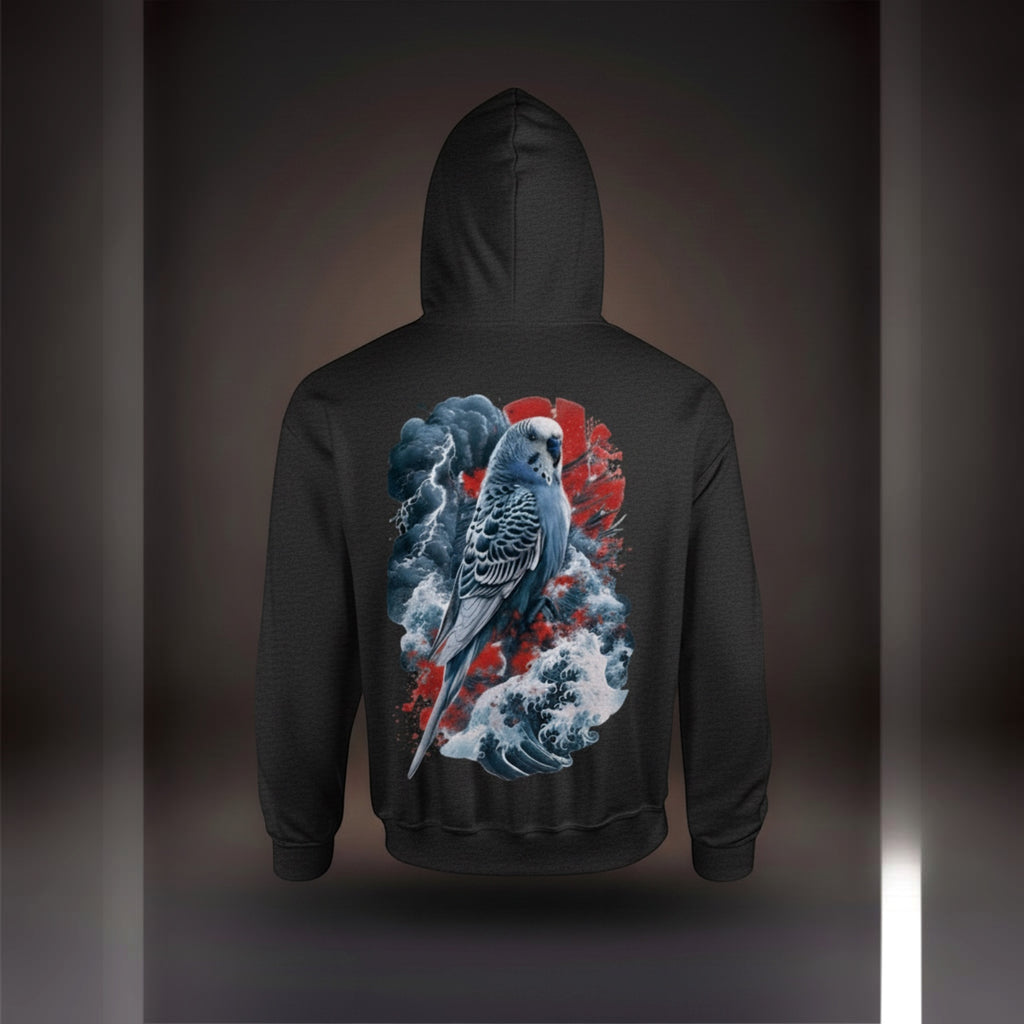 Storm Wave Budgie Hoodie – Japanese-Inspired Back Print