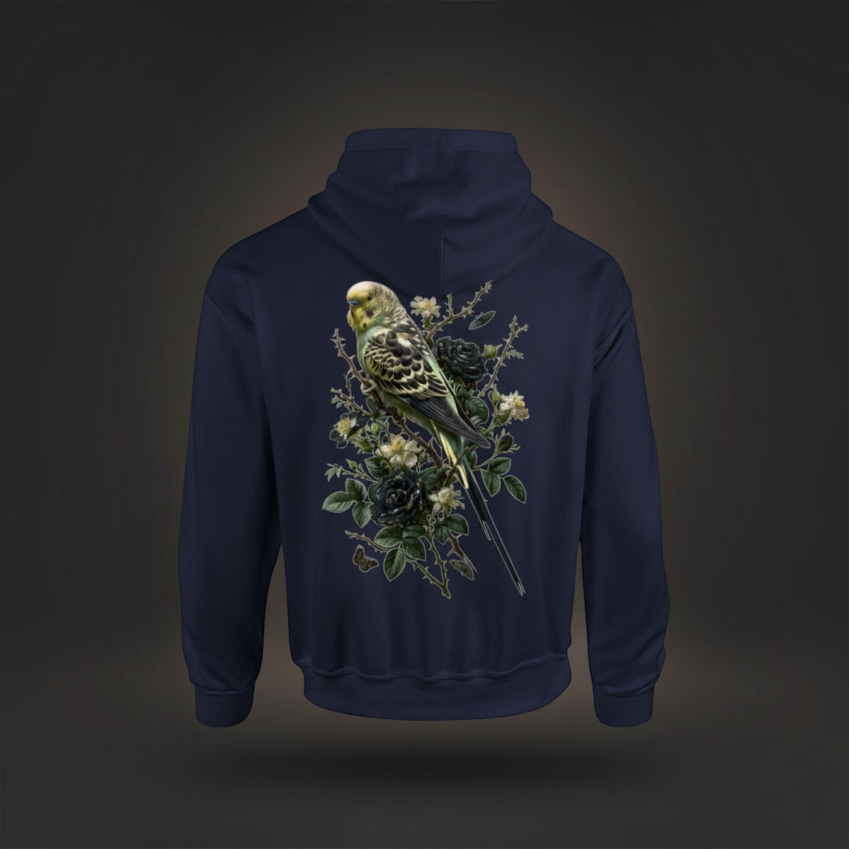 Dark Botanical Budgie Hoodie – Premium Back Print