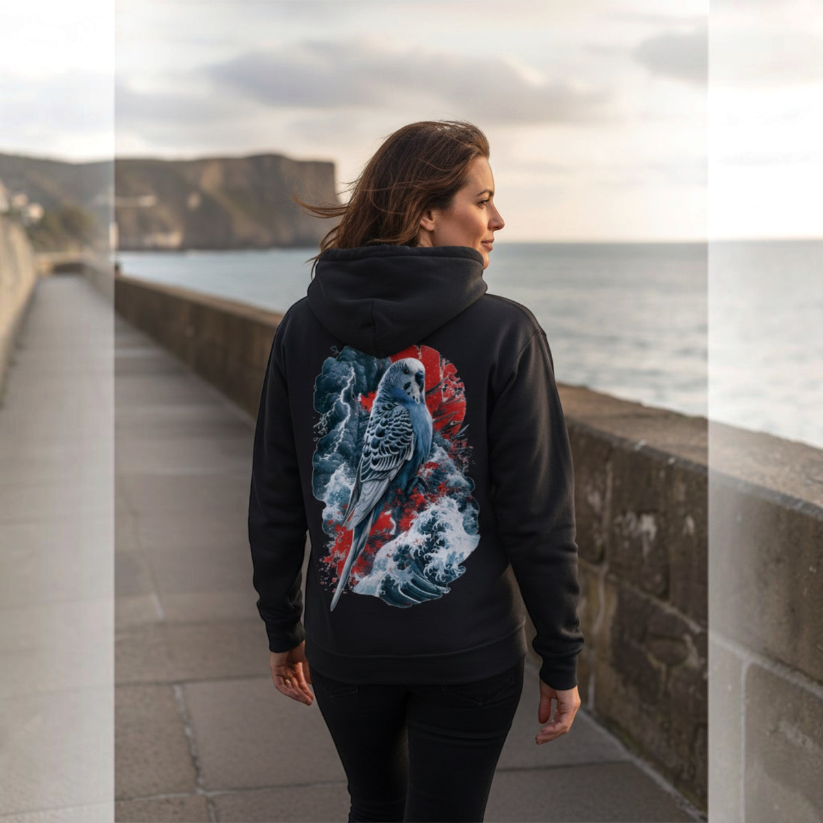 Storm Wave Budgie Hoodie – Japanese-Inspired Back Print