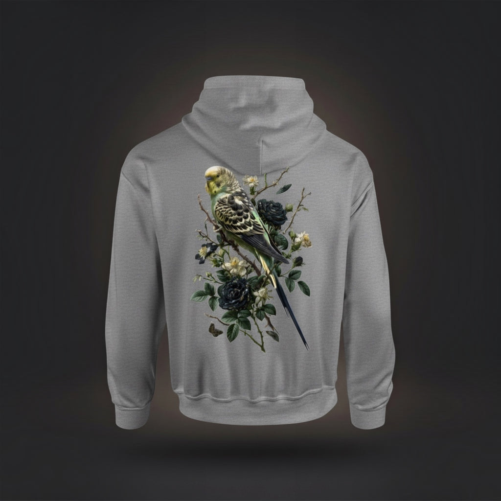 Dark Botanical Budgie Hoodie – Premium Back Print